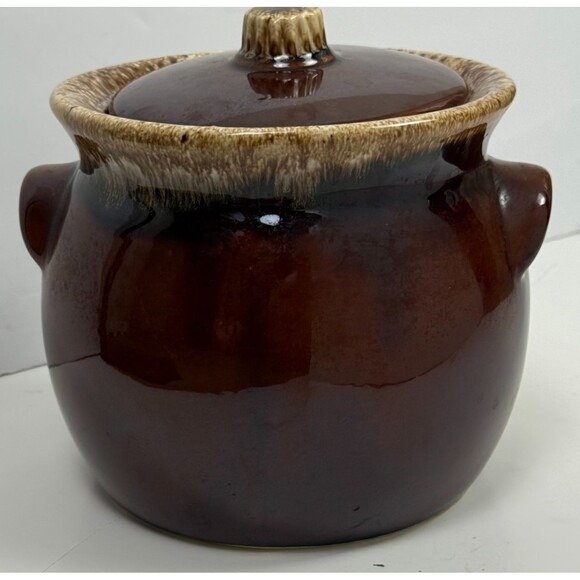 Hull Pottery Vintage Drip Brown Bean Pot Lid Oven Proof Crock USA Made Glaze Jar - Picture 2 of 16